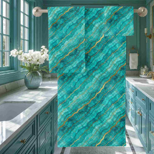 Luxe Turquoise Teal Blue and Gold Marble Towel Set