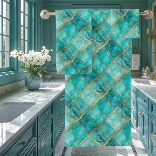 Luxe Turquoise Teal Blue and Gold Marble Towel Set (Creator Uploaded)