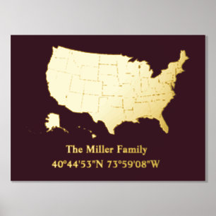 luxery gold US map longitude latitude home real Foil Prints