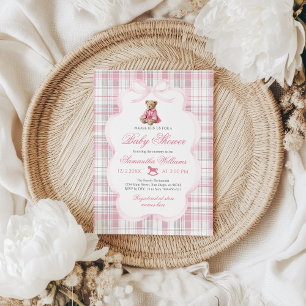 Luxsary Teddy Bear Pink Plaid Baby Girl Shower Invitation