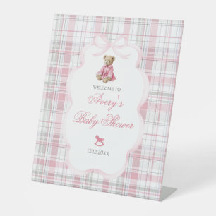 Luxsary Teddy Bear Pink Plaid Baby Girl Shower Pedestal Sign
