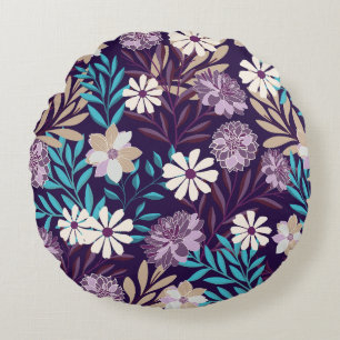 Luxueux Coussin rond bordeaux & bleu jardin