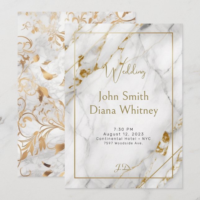 Luxueux Faire-part de mariage Gold & Marbre blanc (Devant / Derrière)