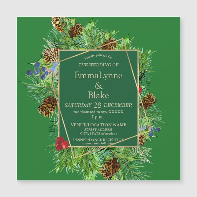 Luxuriant Christmas Greenery Gold Wedding Magnetic Invitation (Front)