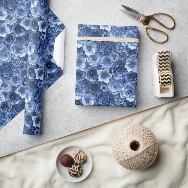 Luxurious 3D Floral Pattern in Shades of Blue Wrapping Paper (Crafts)