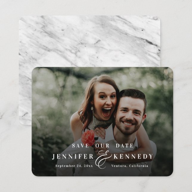 Luxurious Ampersand White Marble & Full Photo Save The Date (Front/Back)