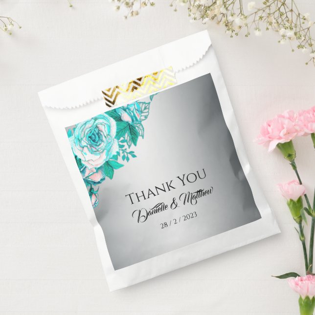 Luxurious Aqua Roses on Silver Elegant Favour Bag (Sealed)