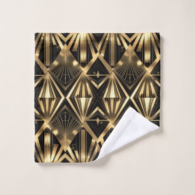 Luxurious Art Deco Geometric Gold and Black Bath Towel Set (Wash Cloth)