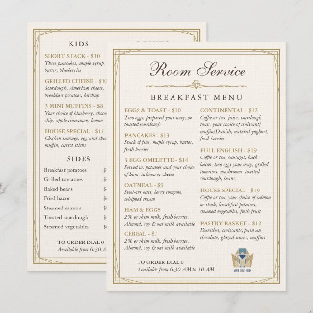 Luxurious Art Deco Room Service Breakfast Menu (Front/Back)
