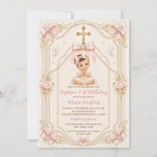 Luxurious Baptism & 1st Birthday Pearls Baby Bow Invitation