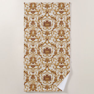 Luxurious Baroque Gold Ornament on Ivory Beach Towel