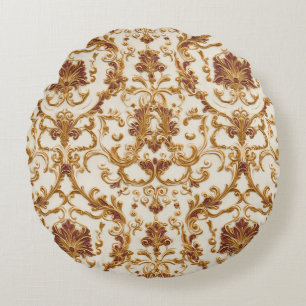Luxurious Baroque Gold Ornament on Ivory Round Pillow