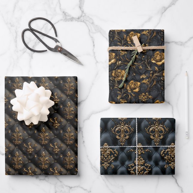 Luxurious Black and Gold Baroque Pattern Wrapping Paper Sheet (Front)