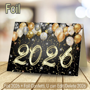 Luxurious Black and Gold Confetti Balloon New Year Foil Holiday Card
