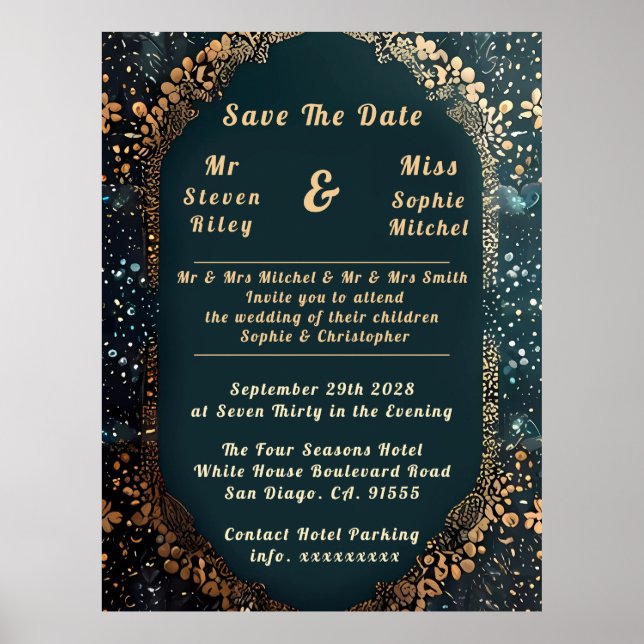 Luxurious Black and Gold Floral Wedding Invitation Poster (Front)