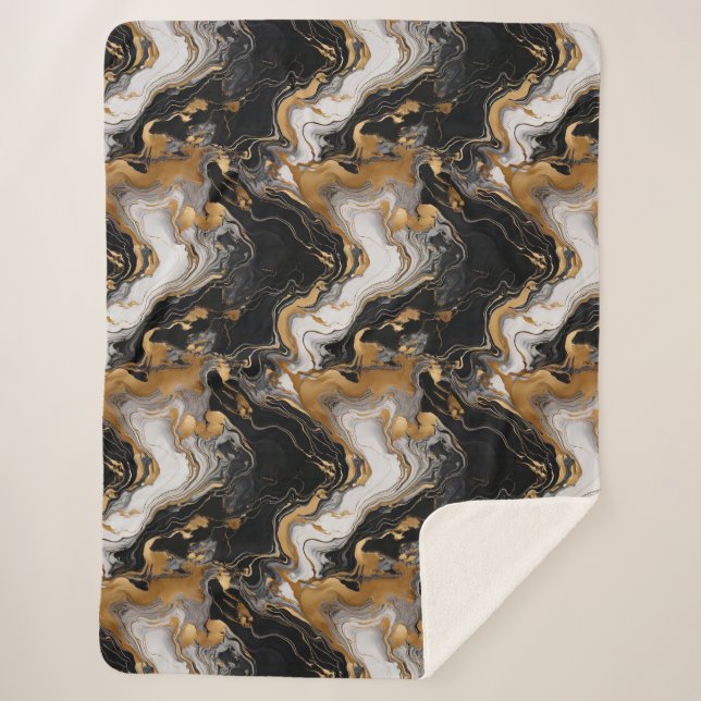 Luxurious Black and Gold Marble Sherpa Blanket (Front)