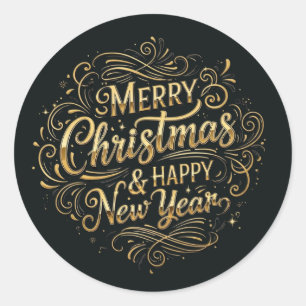 Luxurious Black and Gold Merry Christmas Script Classic Round Sticker