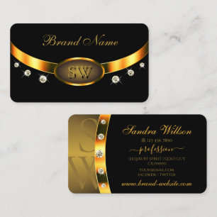 Luxurious Black and Gold with Monogram Diamonds Business Card