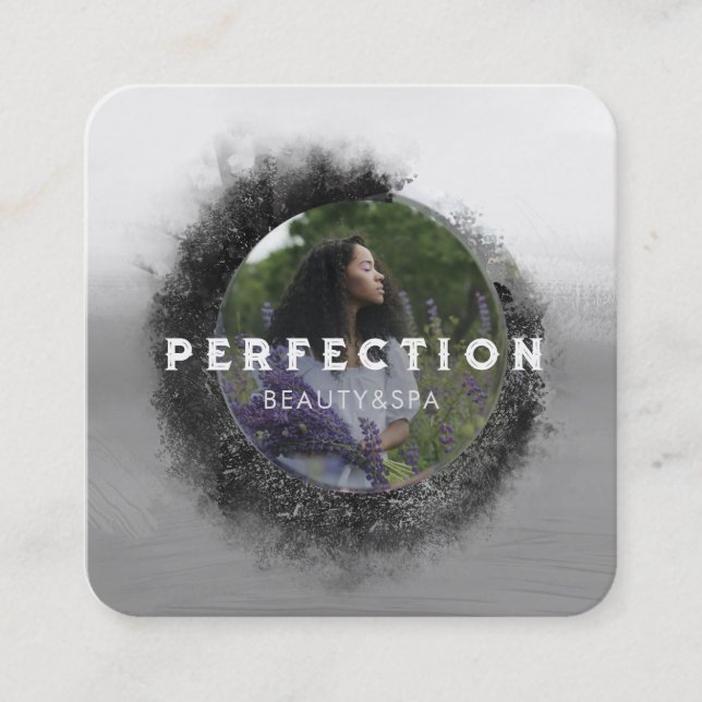 Luxurious Black and White circle Frame Photo Square Business Card (Front)