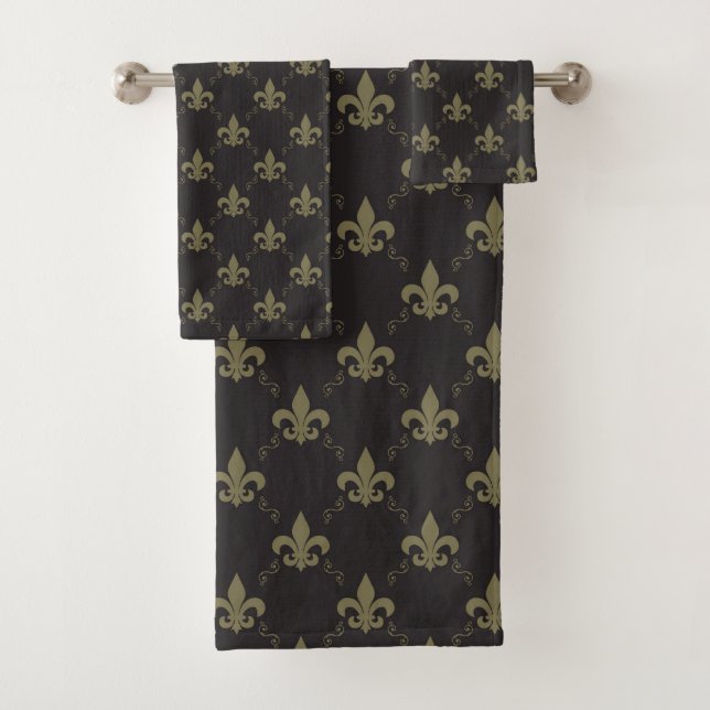 Luxurious Black Gold Fleur De Lis Pattern Bath Towel Set (Insitu)