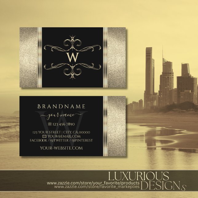 Luxurious Black Gold Glitter Monogram Ornate Decor Business Card (Creator Uploaded)