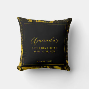 Luxurious Black & Gold Marble Sweet 16 Birthday Throw Pillow