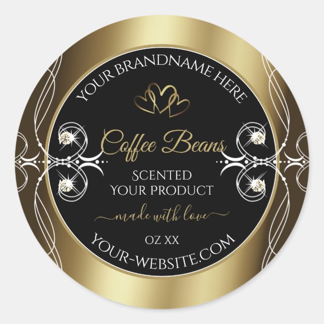 Luxurious Black Gold Product Label Shimmery Jewels (Front)