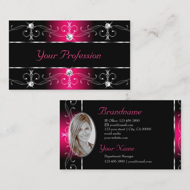 Luxurious Black Hot Pink Ornate Borders with Photo Business Card (Front/Back)