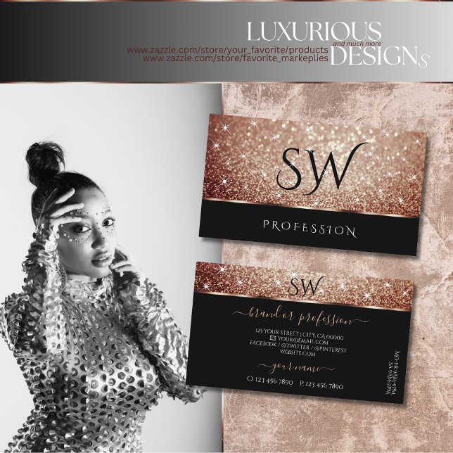 Luxurious Black Rose Gold Glitter Stars Initials Business Card (Creator Uploaded)