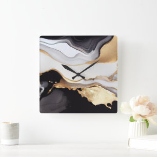 Luxurious Black White and Gold Marble Design Square Wall Clock