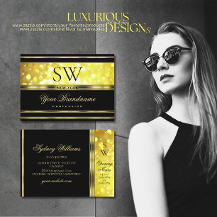 Luxurious Black Yellow Glitter Gold Decor Monogram Business Card