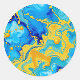 Luxurious Blue and Gold Alcohol Ink Abstract Classic Round Sticker