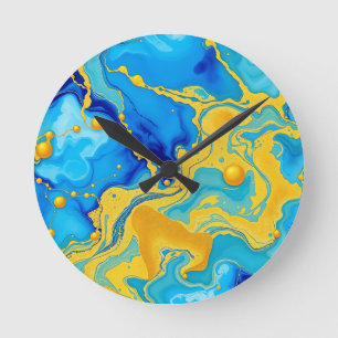 Luxurious Blue and Gold Alcohol Ink Abstract Round Clock