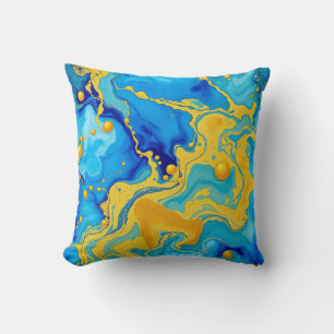 Luxurious Blue and Gold Alcohol Ink Abstract Throw Pillow