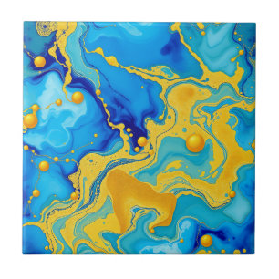Luxurious Blue and Gold Alcohol Ink Abstract Tile