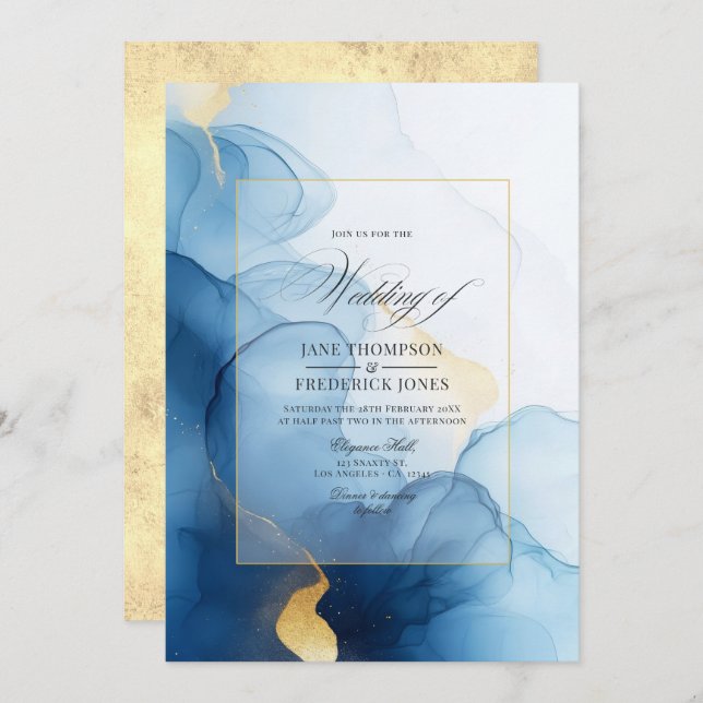Luxurious Blue and Gold Flowing Ink Wedding Invitation (Front/Back)