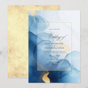 Luxurious Blue and Gold Flowing Ink Wedding Invitation