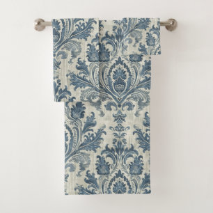 Luxurious Blue Damask on Cream Background Bath Towel Set