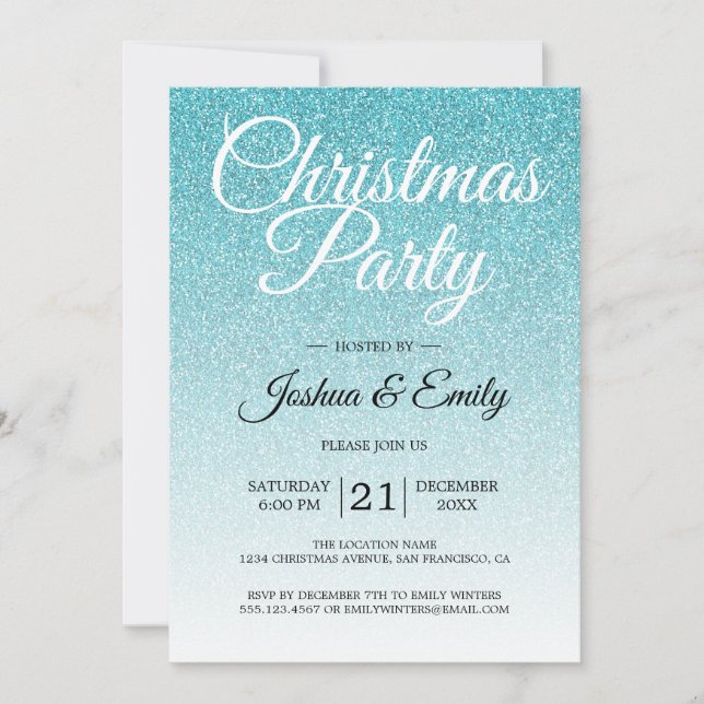 Luxurious Blue Glitter Ombre Christmas Party Invitation (Front)