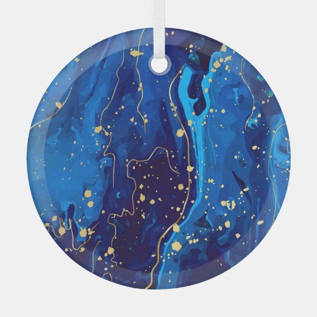 Luxurious Blue Gold Marble Texture Glass Ornament (Front)