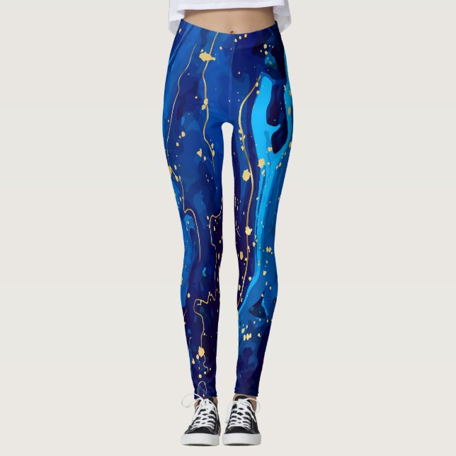 Luxurious Blue Gold Marble Texture Leggings (Front)