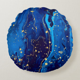 Luxurious Blue Gold Marble Texture Round Pillow