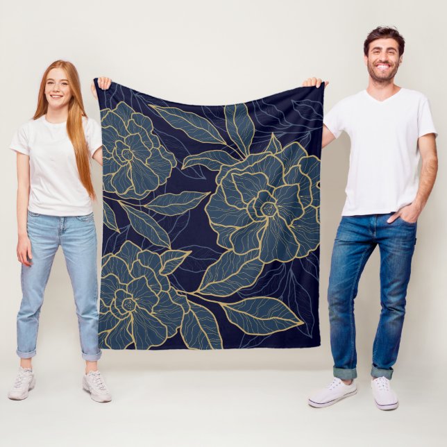 Luxurious Blue Navy Gold Flower  Fleece Blanket (In Situ)