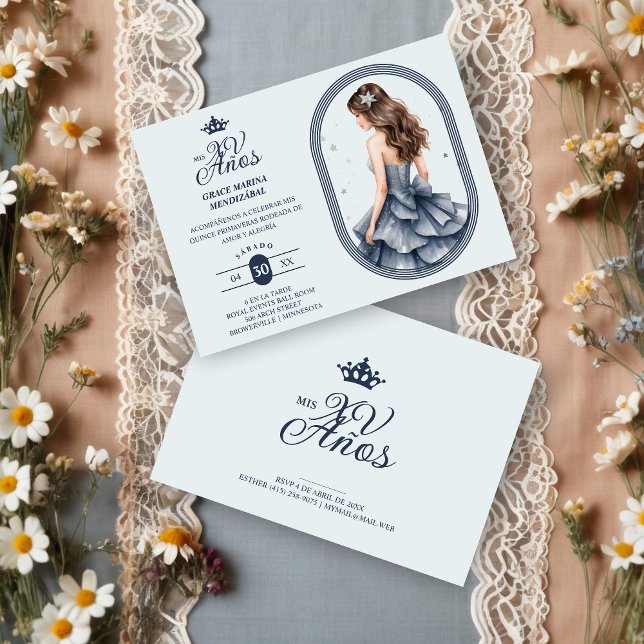 Luxurious Blue Oval Frame Charming Quinceañera  Invitation (Spanish Luxurious Blue Oval Frame Charming Quinceañera Doll Illustration in Blue Shades Invitation.)