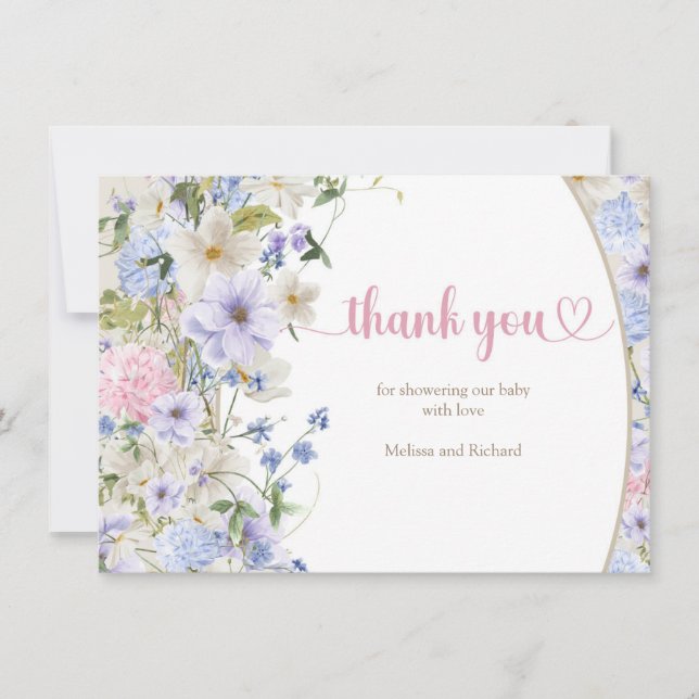 Luxurious boho Spring Wildflower blush Baby Shower Thank You Card (Front)