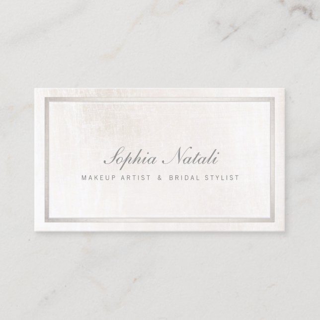 Luxurious Brushed White Marble and Silver Border Business Card (Front)