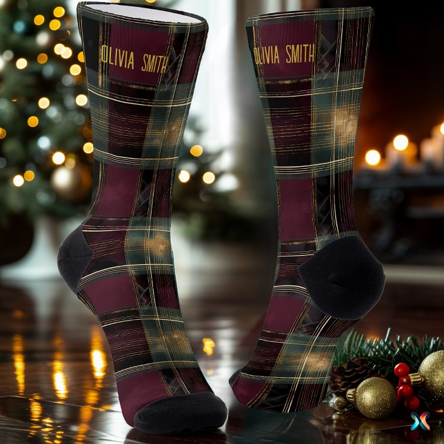 Luxurious Burgundy and Gold Christmas Plaid Custom Socks (Creator Uploaded)