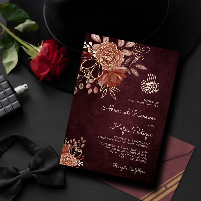 Luxurious Burgundy Floral Gold Islamic Wedding Invitation (Creator Uploaded)