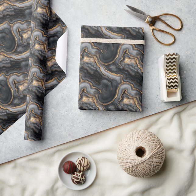 Luxurious Charcoal Gold Fluid Waves Wrapping Paper (Crafts)