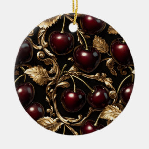 Luxurious Cherry and Gold Baroque Seamless Pattern Ceramic Ornament